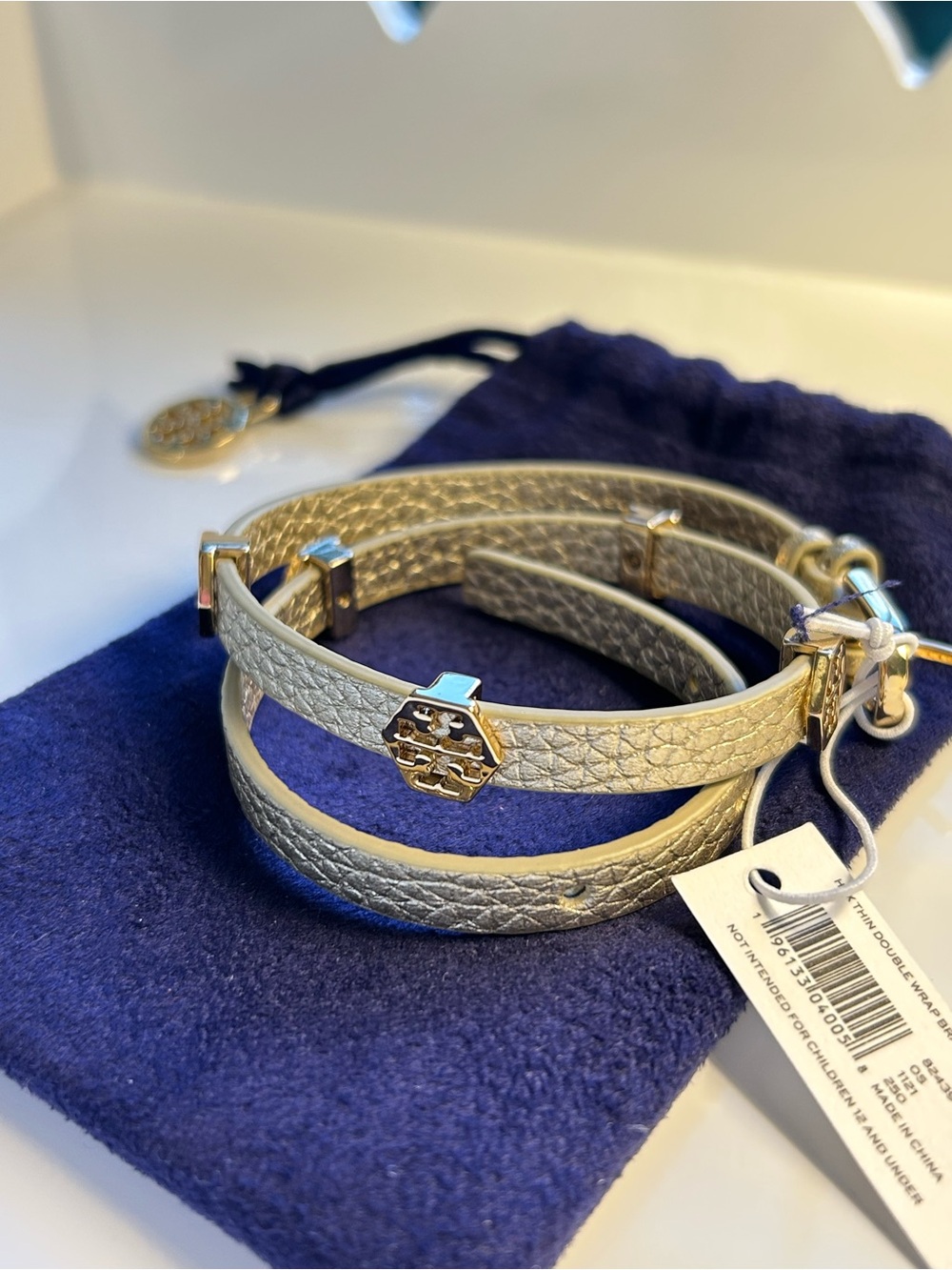 NWT Tory Burch Gold Metallic Hex Thin Double Wrap Bracelet